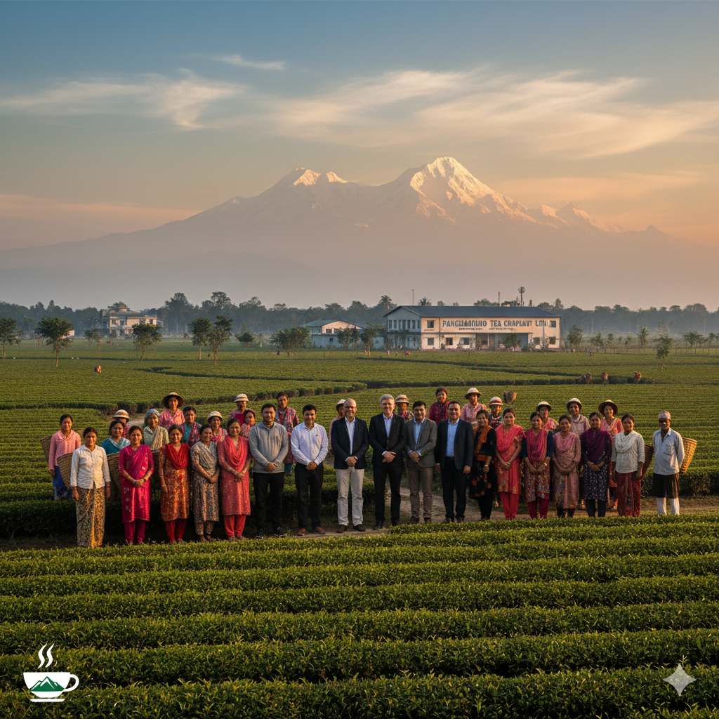 The Panchaborno team standing in a tea field
